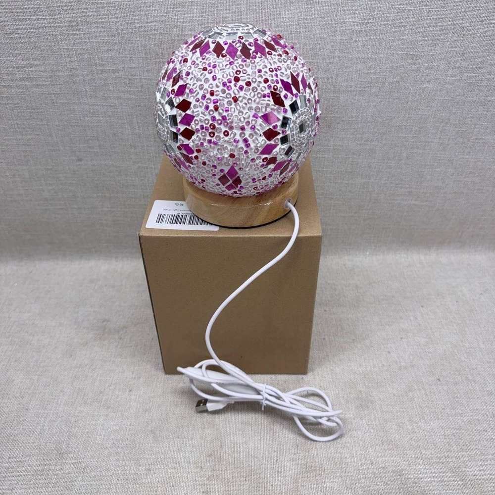 Turkish Mosaic Table Lamp Pink Purple Glass Bead USB Powered Wood Base New